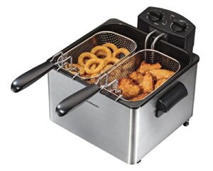 hamilton beach deep fryer with 2 frying baskets, 19 cups / 4.5 liters oil capacity, lid with view window, professional style, electric, 1800 watts, stainless steel (35036)