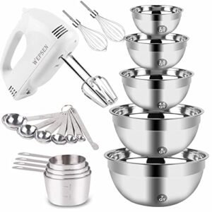 electric hand mixer mixing bowls set, upgrade 5-speeds handheld mixers with 5 nesting stainless steel mixing bowl, measuring cups and spoons whisk blender kitchen cooking baking supplies for beginner