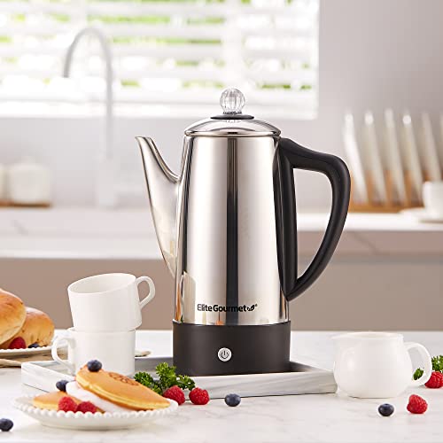 Elite Gourmet EC812 Electric Coffee Percolator with Keep Warm, Clear Brew Progress Knob Cool-Touch Handle Cord-less Serve, 12-Cup, Stainless Steel