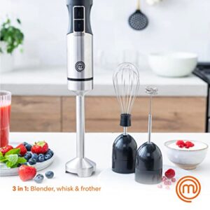 MasterChef Immersion Blender Handheld with Electric Whisk & Milk Frother Attachments, Hand Held Stainless Steel Stick Emulsifier for Making Baby Food, Soup, Puree, Cake, Cappuccino, Latte etc, 400W