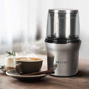 Secura Electric Coffee Grinder and Spice Grinder with 2 Stainless Steel Blades Removable Bowls