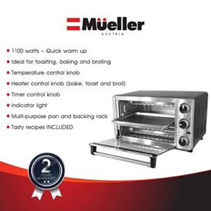 Toaster Oven 4 Slice, Multi-function Stainless Steel Finish with Timer - Toast - Bake - Broil Settings, Natural Convection - 1100 Watts of Power, Includes Baking Pan and Rack by Mueller Austria