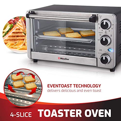 Toaster Oven 4 Slice, Multi-function Stainless Steel Finish with Timer - Toast - Bake - Broil Settings, Natural Convection - 1100 Watts of Power, Includes Baking Pan and Rack by Mueller Austria