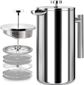utopia kitchen – 304 grade stainless steel french press coffee maker 34oz (1 litre) with 4 level filtration system – double wall insulated coffee press with 2 extra filters – silver