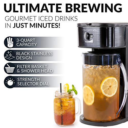 HomeCraft HCIT3BS 3-Quart Black Stainless Steel Café' Iced Tea And Coffee Brewing System, 12 Cups, Strength Selector & Infuser Chamber, Perfect For Lattes, Lemonade, Flavored Water, Large Pitcher