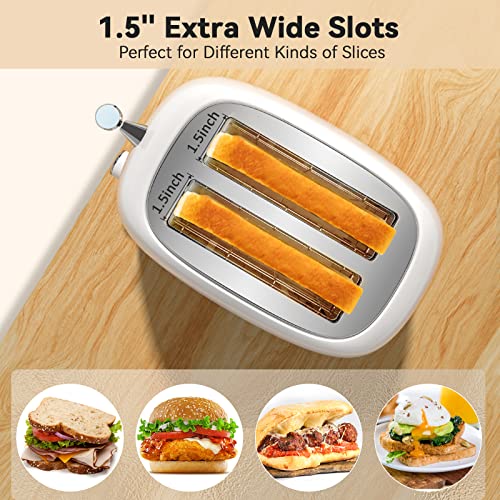 Toaster 2 Slice Stainless Steel Toaster Retro with 6 Bread Shade Settings, Bagel, Cancel, Defrost Function, 2 Slice Toaster with Extra Wide Slot, Removable Crumb Tray, White