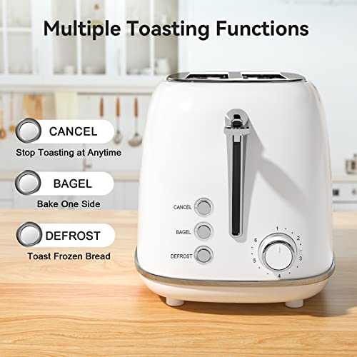 Toaster 2 Slice Stainless Steel Toaster Retro with 6 Bread Shade Settings, Bagel, Cancel, Defrost Function, 2 Slice Toaster with Extra Wide Slot, Removable Crumb Tray, White