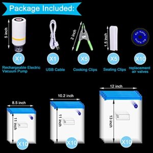 Sous Vide Bags, 42 PCS Electric Vacuum Sealer Food Vacuum Sealer & Reusable Vacuum Food Storage Bags for Anova, Joule Cookers -30 PCS Reusable Vacuum Sealer Bags,5 Clips & 5 Sealing Clips,Rechargeable Vacuum Sealer Set