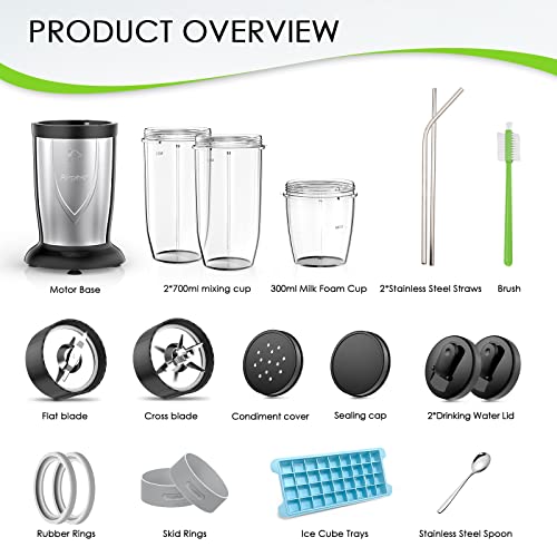 Bullet Blender for Shakes and Smoothies, Airpher 19 Pieces 850W Personal Portable Blender Set for Kitchen With Ice Tray, 2*24 Oz & 10 Oz To-Go Cups, BPA Free, Pulse Technology