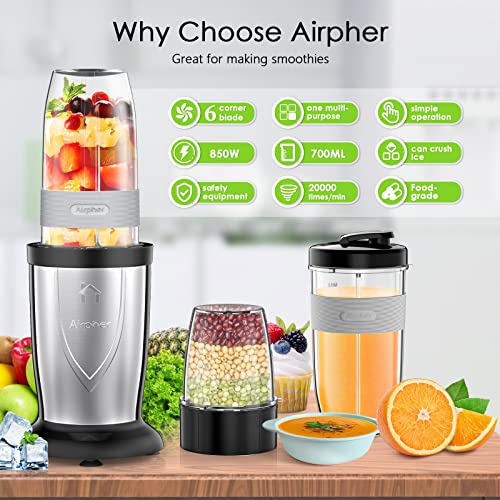 Bullet Blender for Shakes and Smoothies, Airpher 19 Pieces 850W Personal Portable Blender Set for Kitchen With Ice Tray, 2*24 Oz & 10 Oz To-Go Cups, BPA Free, Pulse Technology