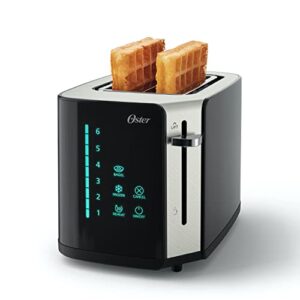 oster 2-slice toaster, touch screen with 6 shade settings and digital timer, black/stainless steel