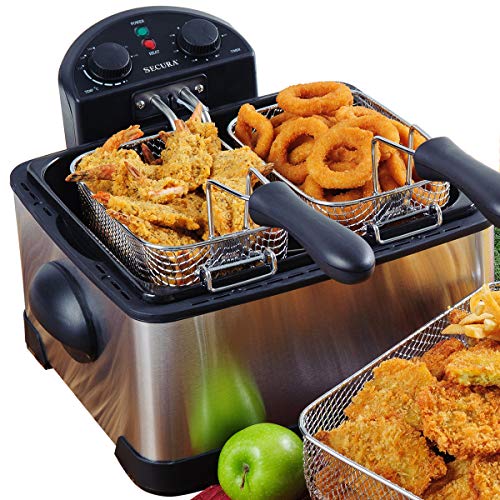 Secura 1700-Watt Stainless-Steel Triple Basket Electric Deep Fryer with Timer Free Extra Odor Filter, 4L/17-Cup