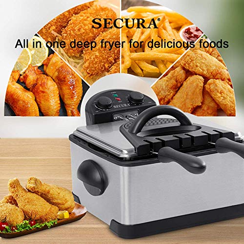 Secura 1700-Watt Stainless-Steel Triple Basket Electric Deep Fryer with Timer Free Extra Odor Filter, 4L/17-Cup