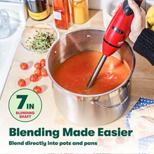 BELLA Immersion Hand Blender with Whisk Attachment, Quickly Mixes Sauces, Purees Soups, Smoothies & Dips, BPA-Free, Easy To Clean, Stainless Steel/Red