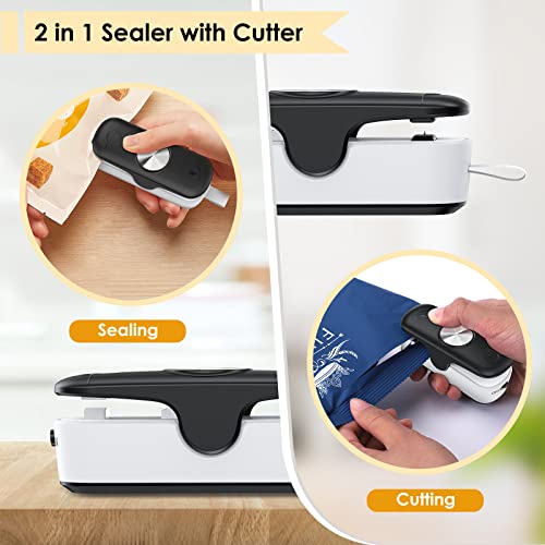 FEPPO Bag Sealer, Mini Bag Sealer with Cutter 2 in 1 Heat Vacuum Sealers, Portable Food Sealer Mini Sealing Machine Kitchen Gadget For Chip Bags Plastic Bags Food Storage (Battery Included)