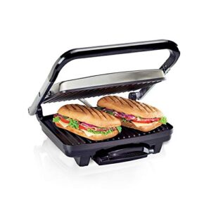 hamilton beach panini press, sandwich maker & electric indoor grill, upright storage, nonstick easy clean grids, stainless steel (25410)