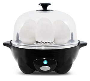 elite gourmet egc-007b# rapid egg cooker, 7 easy-to-peel, hard, medium, soft boiled eggs, poacher, omelet maker, auto shut-off, alarm, 16-recipe booklet, black