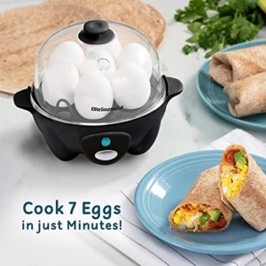 Elite Gourmet EGC-007B# Rapid Egg Cooker, 7 Easy-To-Peel, Hard, Medium, Soft Boiled Eggs, Poacher, Omelet Maker, Auto Shut-Off, Alarm, 16-Recipe Booklet, Black