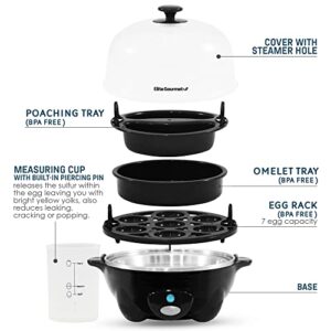 Elite Gourmet EGC-007B# Rapid Egg Cooker, 7 Easy-To-Peel, Hard, Medium, Soft Boiled Eggs, Poacher, Omelet Maker, Auto Shut-Off, Alarm, 16-Recipe Booklet, Black