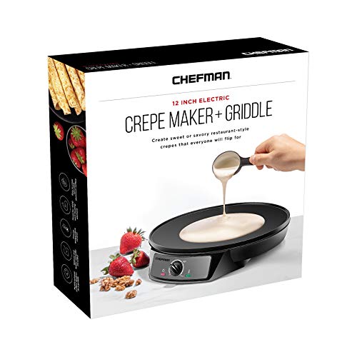 Chefman Electric Crepe Maker & Griddle, Precise Temperature Control Skillet for Perfect Brunch Blintzes, Pancakes, Eggs, Bacon, & Tortillas, 12" Nonstick Grill Pan, Includes Batter Spreader & Spatula