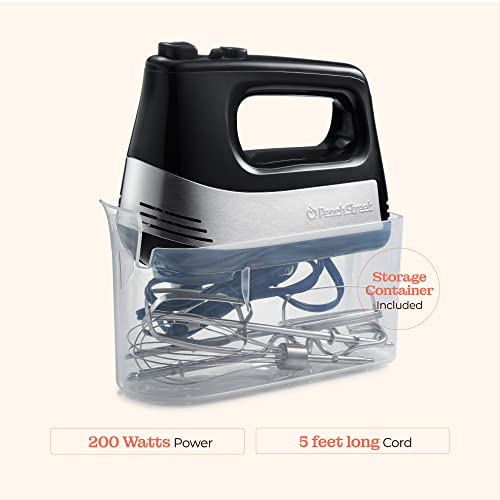 Powerful Electric Kitchen Hand Mixer, 200 Watts, 5 Speed Food Handheld Mixer, with Turbo Button, Dough, Whisk and Beater Attachments, and Accessory Bin, for Dough, Eggs, Batter,