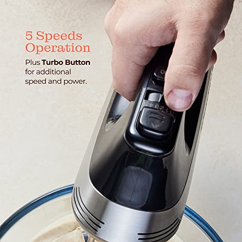 Powerful Electric Kitchen Hand Mixer, 200 Watts, 5 Speed Food Handheld Mixer, with Turbo Button, Dough, Whisk and Beater Attachments, and Accessory Bin, for Dough, Eggs, Batter,