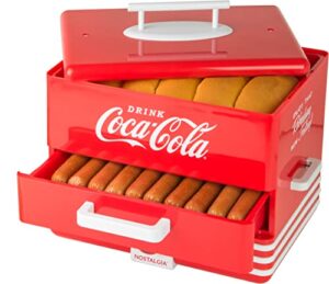 nostalgia extra large diner-style coca-cola hot dog steamer and bun warmer, 24 hot dog and 12 bun capacity, steam bratwursts, sausages, vegetables, fish, dumplings, red