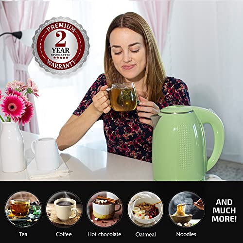 Ovente Portable Electric Kettle Stainless Steel Instant Hot Water Boiler Heater 1.7 Liter 1100W Double Wall Insulated Fast Boiling with Automatic Shut Off for Coffee Tea & Cold Drinks, Green KD64G