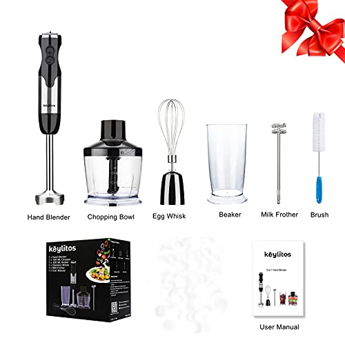 Keylitos 5-in-1 Immersion Hand Blender, Powerful 12-Speed Handheld Stick Blender with 304 Stainless Steel Blades, Chopper, Beaker, Whisk and Milk Frother for Smoothie, Baby Food, Sauces Red,Puree, Soup (Black)