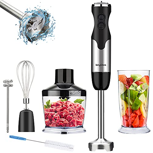 Keylitos 5-in-1 Immersion Hand Blender, Powerful 12-Speed Handheld Stick Blender with 304 Stainless Steel Blades, Chopper, Beaker, Whisk and Milk Frother for Smoothie, Baby Food, Sauces Red,Puree, Soup (Black)