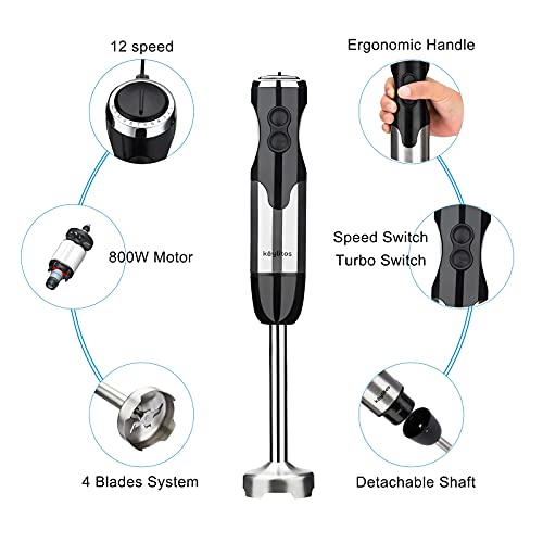 Keylitos 5-in-1 Immersion Hand Blender, Powerful 12-Speed Handheld Stick Blender with 304 Stainless Steel Blades, Chopper, Beaker, Whisk and Milk Frother for Smoothie, Baby Food, Sauces Red,Puree, Soup (Black)