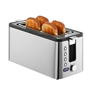 mecity 4 slice toaster, long slot toaster with countdown timer, bagel / defrost / reheat / cancel functions,warming rack, removable crumb tray, 6 browning settings, extra wide long slots, stainless steel bread toaster, 1300 watts