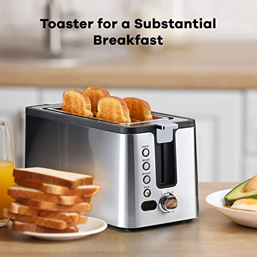 Mecity 4 Slice Toaster, Long Slot Toaster With Countdown Timer, Bagel / Defrost / Reheat / Cancel Functions,Warming Rack, removable Crumb Tray, 6 Browning Settings, Extra Wide Long Slots, Stainless Steel Bread Toaster, 1300 Watts