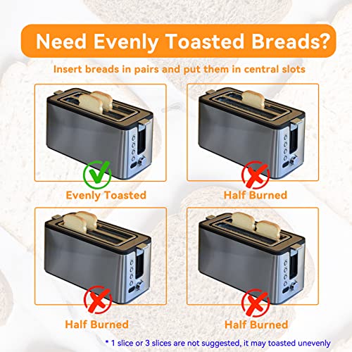 Mecity 4 Slice Toaster, Long Slot Toaster With Countdown Timer, Bagel / Defrost / Reheat / Cancel Functions,Warming Rack, removable Crumb Tray, 6 Browning Settings, Extra Wide Long Slots, Stainless Steel Bread Toaster, 1300 Watts