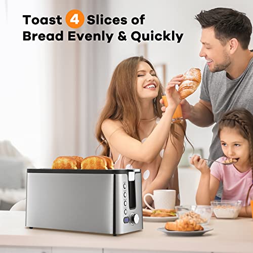 Mecity 4 Slice Toaster, Long Slot Toaster With Countdown Timer, Bagel / Defrost / Reheat / Cancel Functions,Warming Rack, removable Crumb Tray, 6 Browning Settings, Extra Wide Long Slots, Stainless Steel Bread Toaster, 1300 Watts