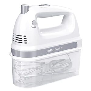 lord eagle electric hand mixer mini, 300w power handheld mixer kitchen for 5-speed baking cake egg cream food beaters whisk, with snap-on storage case, white