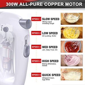 Lord Eagle Electric Hand Mixer Mini, 300W Power Handheld Mixer Kitchen for 5-Speed Baking Cake Egg Cream Food Beaters Whisk, with Snap-On Storage Case, White