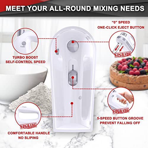 Lord Eagle Electric Hand Mixer Mini, 300W Power Handheld Mixer Kitchen for 5-Speed Baking Cake Egg Cream Food Beaters Whisk, with Snap-On Storage Case, White