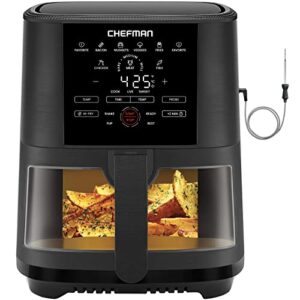chefman 5-quart digital air fryer with temperature probe, 8 customizable cooking presets, large easy-view window, give your food an extra crispy finish, nonstick dishwasher-safe basket & tray, black