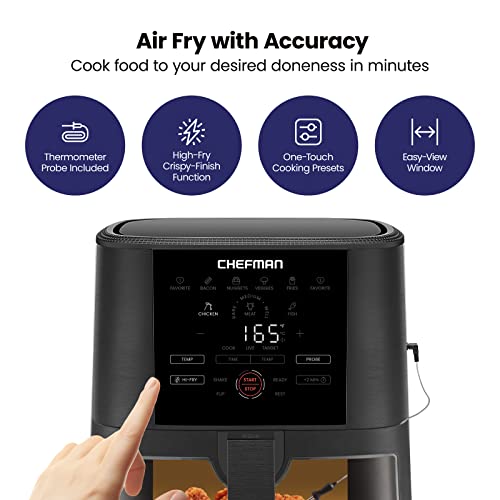 CHEFMAN 5-Quart Digital Air Fryer with Temperature Probe, 8 Customizable Cooking Presets, Large Easy-View Window, Give Your Food an Extra Crispy Finish, Nonstick Dishwasher-Safe Basket & Tray, Black