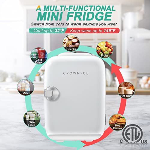 CROWNFUL Mini Fridge, 4 Liter/6 Can Portable Cooler and Warmer Personal Refrigerator for Skin Care, Cosmetics, Beverage, Food,Great for Bedroom, Office, Car, Dorm, ETL Listed (White)