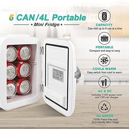 CROWNFUL Mini Fridge, 4 Liter/6 Can Portable Cooler and Warmer Personal Refrigerator for Skin Care, Cosmetics, Beverage, Food,Great for Bedroom, Office, Car, Dorm, ETL Listed (White)