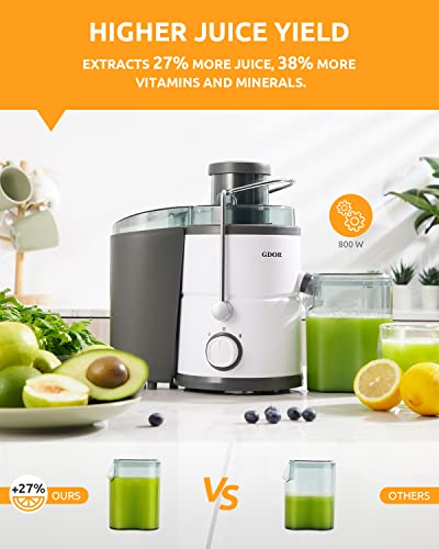 GDOR Juicer with 800W Motor, Juicer Machine with Big Mouth 3” Feed Chute, Dual Speeds Juice Maker for Fruits and Veggies, Anti-Drip Function Centrifugal Juicer, Include Cleaning Brush, BPA-Free, White