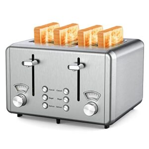 4 slice toaster,whall stainless steel,toaster-6 bread shade settings,bagel/defrost/cancel function with dual control panels,extra wide slots,removable crumb tray,for various bread types 1500w