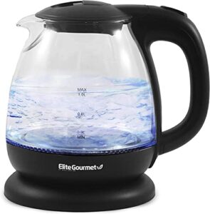 elite gourmet ekt1001b electric bpa-free glass kettle, cordless 360° base, stylish blue led interior, handy auto shut-off function – quickly boil water for tea & more, 1l, graphite black