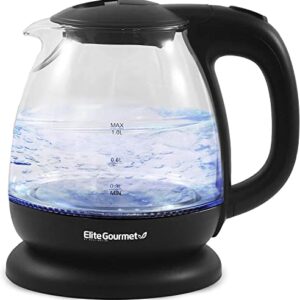 Elite Gourmet EKT1001B Electric BPA-Free Glass Kettle, Cordless 360° Base, Stylish Blue LED Interior, Handy Auto Shut-Off Function – Quickly Boil Water for Tea & More, 1L, Graphite Black