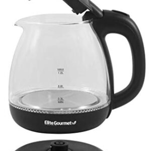 Elite Gourmet EKT1001B Electric BPA-Free Glass Kettle, Cordless 360° Base, Stylish Blue LED Interior, Handy Auto Shut-Off Function – Quickly Boil Water for Tea & More, 1L, Graphite Black