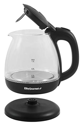 Elite Gourmet EKT1001B Electric BPA-Free Glass Kettle, Cordless 360° Base, Stylish Blue LED Interior, Handy Auto Shut-Off Function – Quickly Boil Water for Tea & More, 1L, Graphite Black