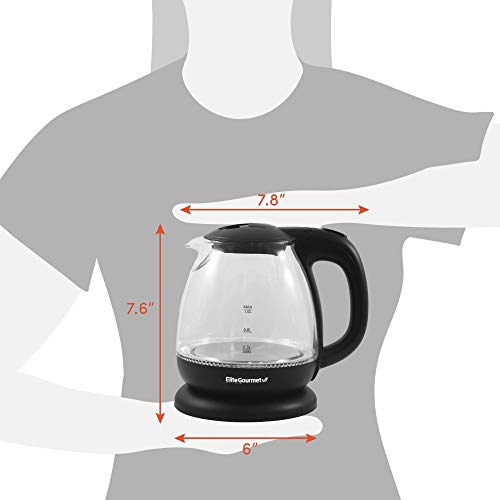 Elite Gourmet EKT1001B Electric BPA-Free Glass Kettle, Cordless 360° Base, Stylish Blue LED Interior, Handy Auto Shut-Off Function – Quickly Boil Water for Tea & More, 1L, Graphite Black