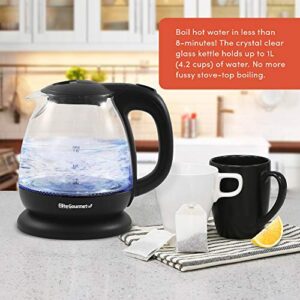 Elite Gourmet EKT1001B Electric BPA-Free Glass Kettle, Cordless 360° Base, Stylish Blue LED Interior, Handy Auto Shut-Off Function – Quickly Boil Water for Tea & More, 1L, Graphite Black